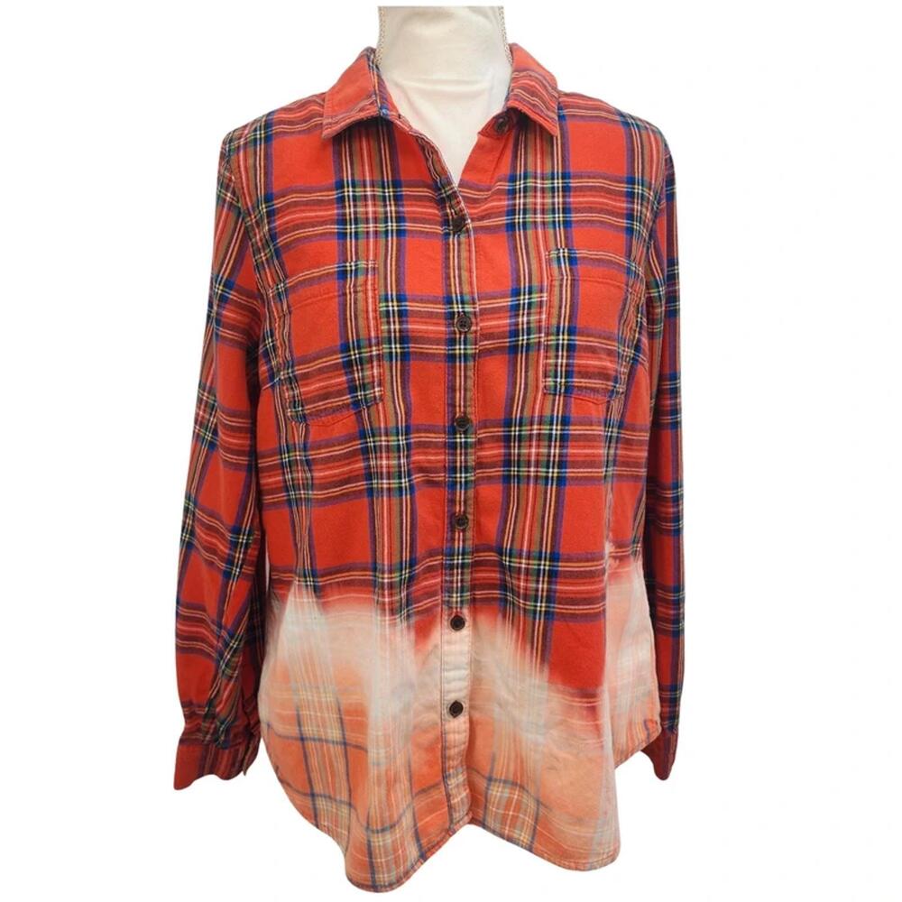 Hand-dyed Bleach-dipped Old Navy Flannel Top Upcycled Plaid L